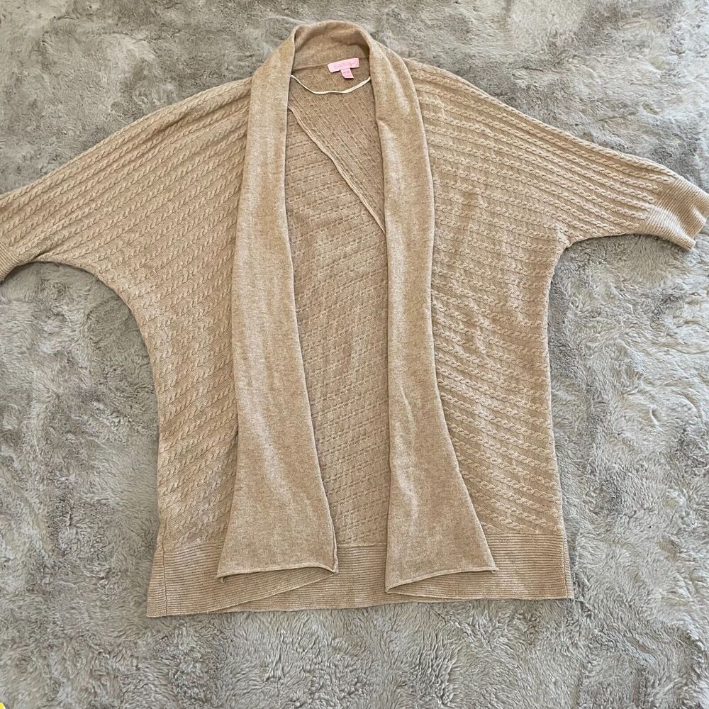 Lilly Pulitzer Tan Beige Cable Knit Wool Cashmere Blend Cardigan Sweater One Siz